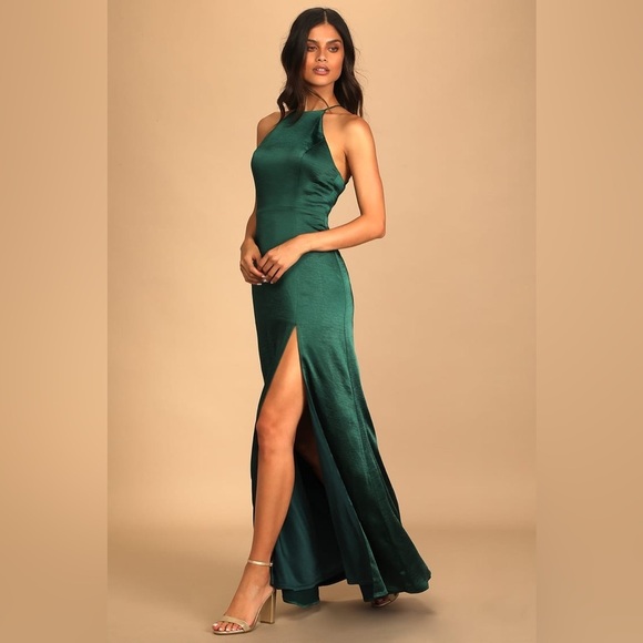 NWOT Lulus Make it Elegant Emerald Green Satin Strappy Maxi Dress - Picture 3 of 6
